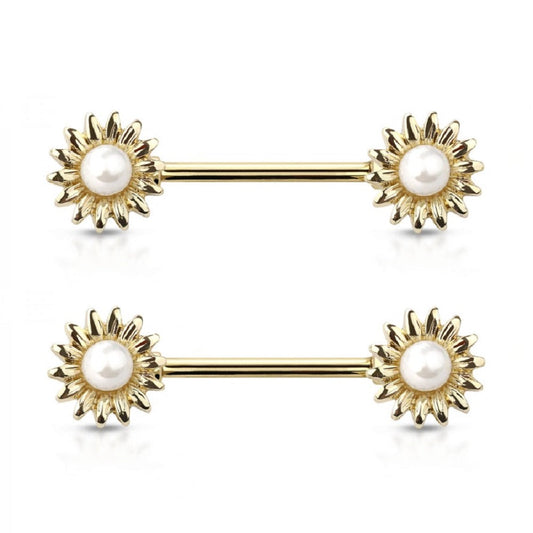 Faux Pearl Center Sunflower Nipple Barbells - Gold Plated 316L Stainless Steel - Pair