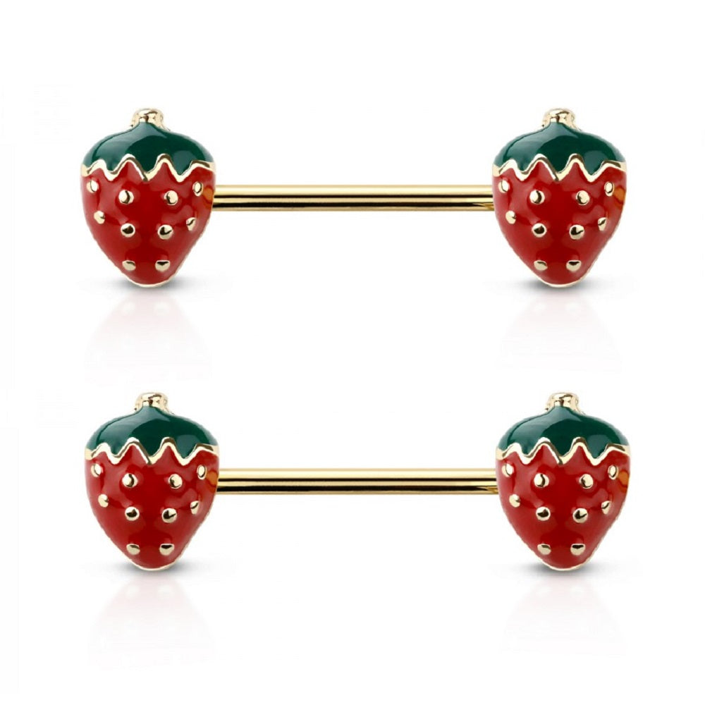 Strawberry Ends Nipple Barbells, Sold as a Pair - Gold Plated 316L Stainless Steel