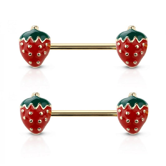 Strawberry Ends Nipple Barbells, Sold as a Pair - Gold Plated 316L Stainless Steel