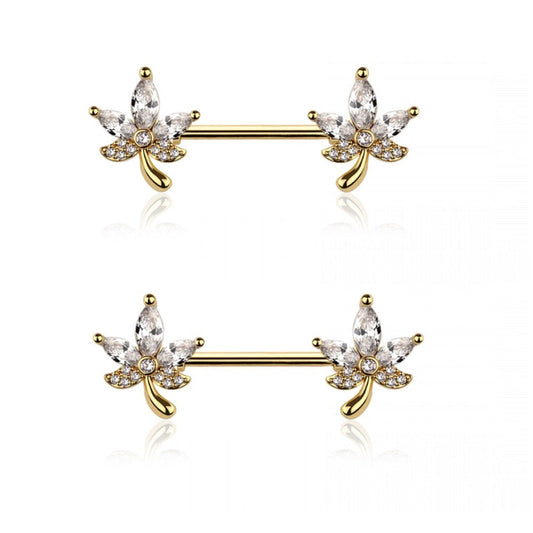 CZ Crystal Maple Leaf Ends Nipple Barbells - 316L Stainless Steel - Pair