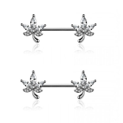 CZ Crystal Maple Leaf Ends Nipple Barbells - 316L Stainless Steel - Pair