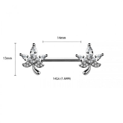 CZ Crystal Maple Leaf Ends Nipple Barbells - 316L Stainless Steel - Pair