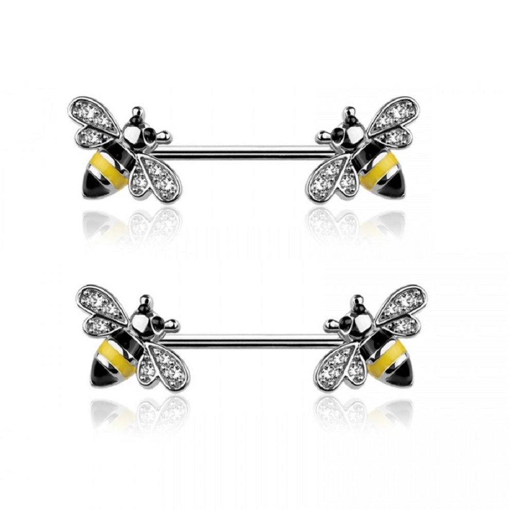 CZ Crystal Paved Bee Nipple Barbells - 316L Stainless Steel - Pair