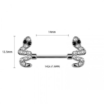 CZ Crystal Snake Ends Nipple Barbells - 316L Stainless Steel - Pair