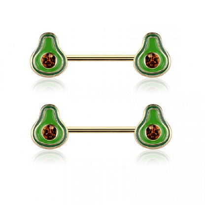 CZ Crystal Avocado Ends Nipple Barbells, Sold as a Pair - Gold Tone 316L Stainless Steel