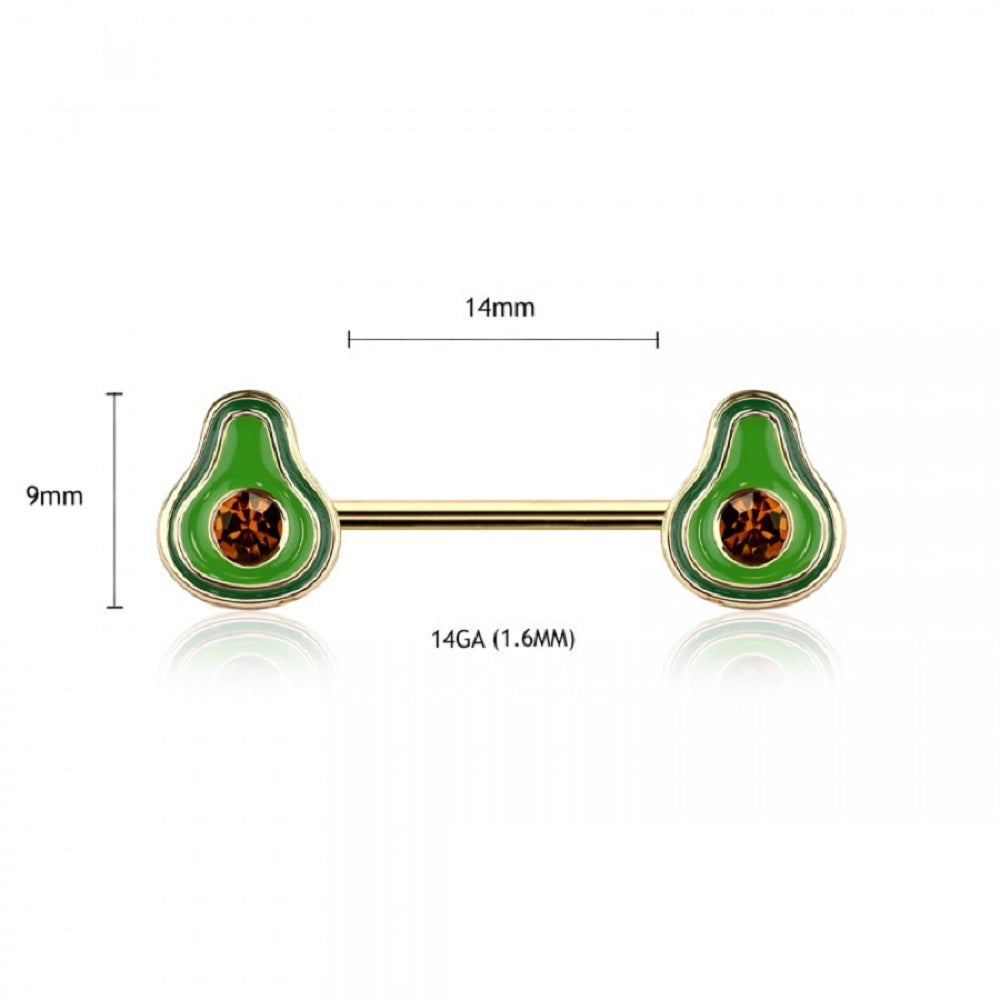 CZ Crystal Avocado Ends Nipple Barbells, Sold as a Pair - Gold Tone 316L Stainless Steel