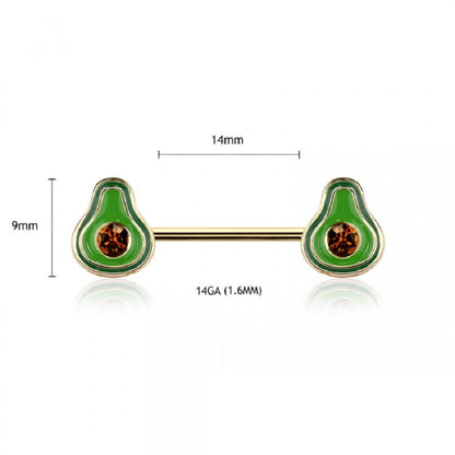 CZ Crystal Avocado Ends Nipple Barbells, Sold as a Pair - Gold Tone 316L Stainless Steel