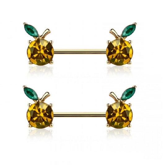 CZ Crystal Oranges Nipple Barbells, Sold as a Pair - Gold Tone 316L Stainless Steel