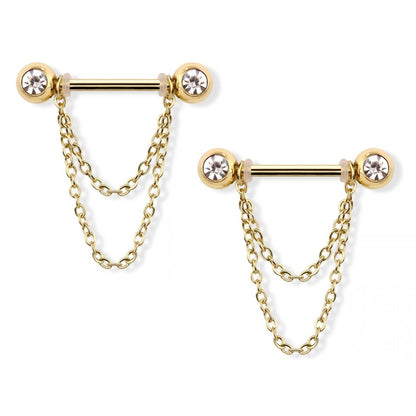 CZ Crystal Ball Ends with Double Dangling Chains Nipple Barbells, Sold as a Pair - 316L Stainless Steel