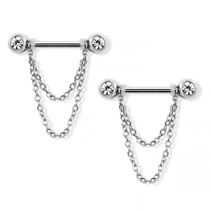 CZ Crystal Ball Ends with Double Dangling Chains Nipple Barbells, Sold as a Pair - 316L Stainless Steel