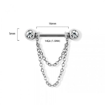 CZ Crystal Ball Ends with Double Dangling Chains Nipple Barbells, Sold as a Pair - 316L Stainless Steel