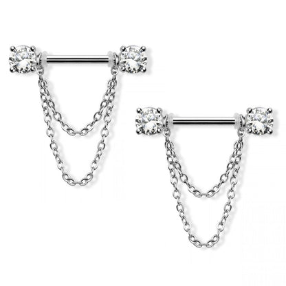 Prong Set CZ Crystal Ends with Double Dangling Chains Nipple Barbells - 316L Stainless Steel - Pair