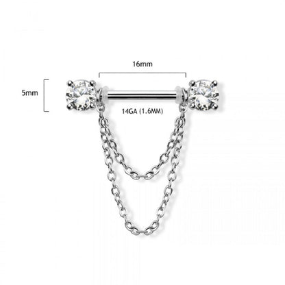 Prong Set CZ Crystal Ends with Double Dangling Chains Nipple Barbells - 316L Stainless Steel - Pair