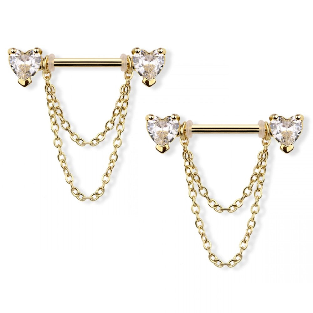 CZ Crystal Hearts with Double Dangling Chains Nipple Barbells, Sold as a Pair - 316L Stainless Steel