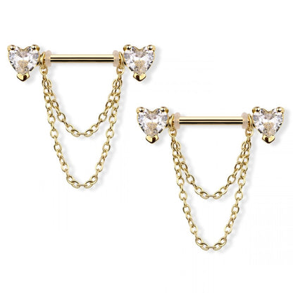 CZ Crystal Hearts with Double Dangling Chains Nipple Barbells, Sold as a Pair - 316L Stainless Steel