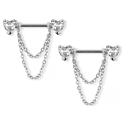 CZ Crystal Hearts with Double Dangling Chains Nipple Barbells, Sold as a Pair - 316L Stainless Steel