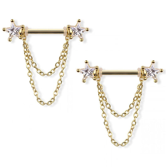 CZ Crystal Stars with Double Dangling Chains Nipple Barbells - 316L Stainless Steel - Pair