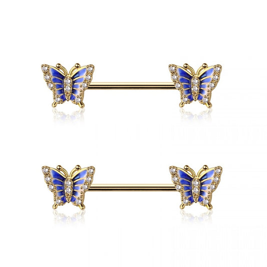 Blue CZ Crystal Butterfly Ends Nipple Barbells - Pair - 316L Stainless Steel