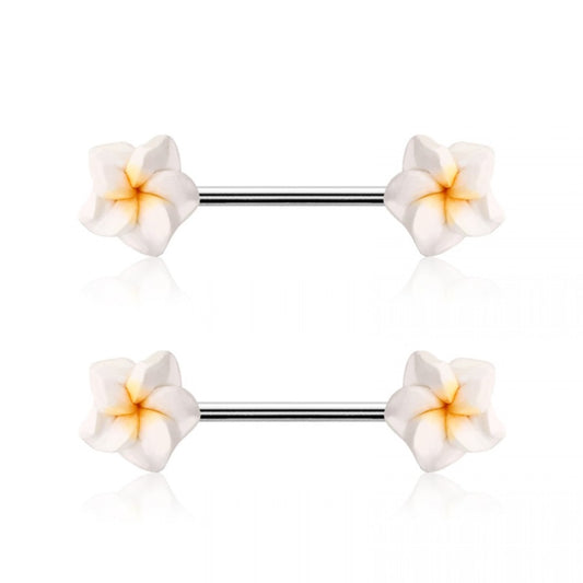 White and Yellow Plumeria Flower Nipple Barbells - Pair - 316L Stainless Steel