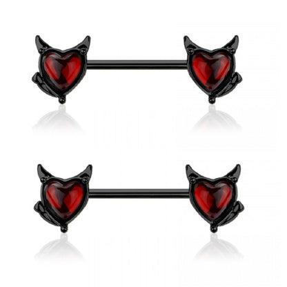 Devil Heart Nipple Barbells - 316L Stainless Steel - Pair