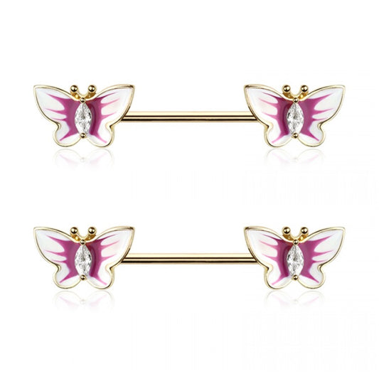 Enamel CZ Crystal Butterfly Ends Nipple Barbells - Pair - 316L Stainless Steel