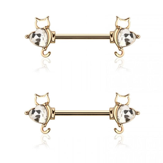 CZ Crystal Cat Ends Nipple Barbells - Pair - 316L Stainless Steel