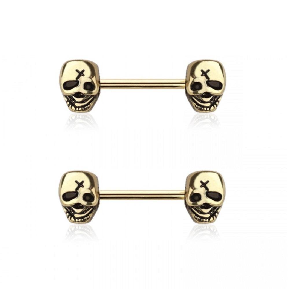 Skull Head End Nipple Barbells - 316L Stainless Steel - Pair