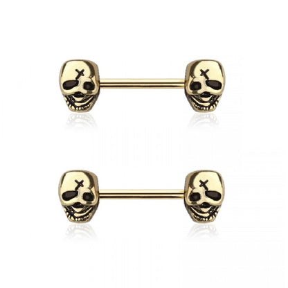 Skull Head End Nipple Barbells - 316L Stainless Steel - Pair