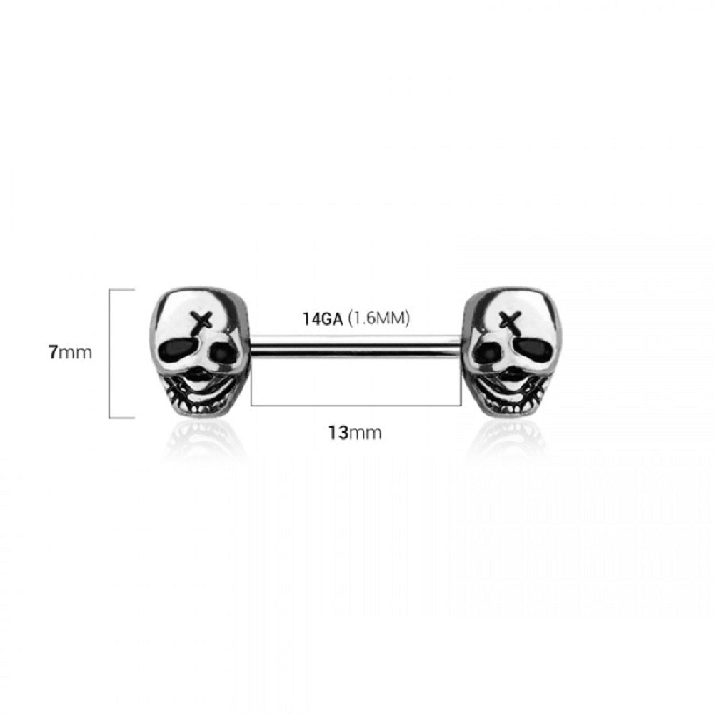 Skull Head End Nipple Barbells - 316L Stainless Steel - Pair