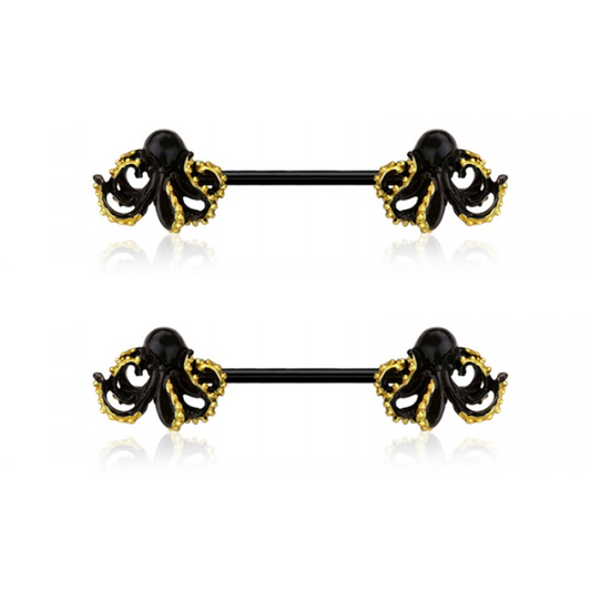 Black Kraken Octopus Nipple Barbells - Pair - 316L Stainless Steel
