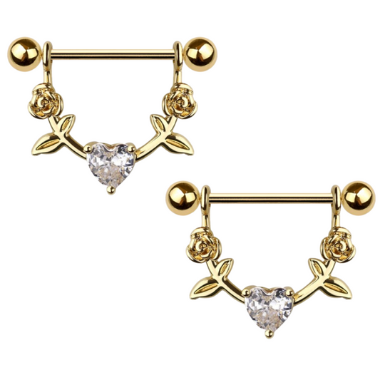 Dangling CZ Crystal Heart with Roses Nipple Barbells - Pair - 316L Stainless Steel
