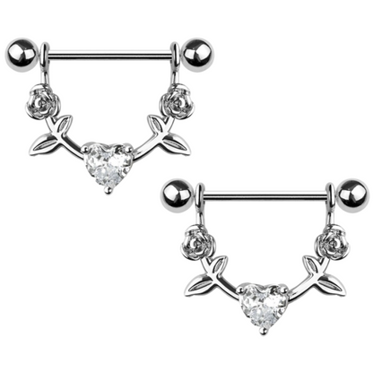 Dangling CZ Crystal Heart with Roses Nipple Barbells - Pair - 316L Stainless Steel