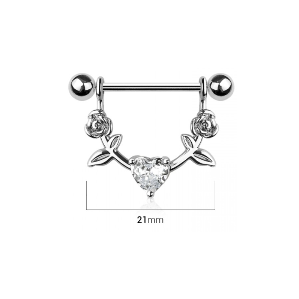 Dangling CZ Crystal Heart with Roses Nipple Barbells - Pair - 316L Stainless Steel