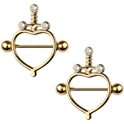 Sword with Heart Outline Nipple Shields - Pair - 316L Stainless Steel