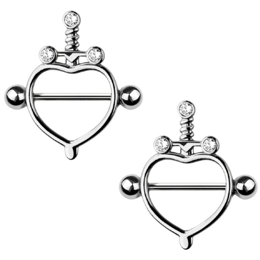 Sword with Heart Outline Nipple Shields - Pair - 316L Stainless Steel