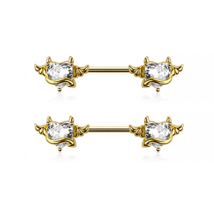 CZ Crystal Devil Heart Nipple Barbells - Pair - 316L Stainless Steel