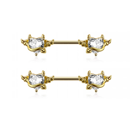 CZ Crystal Devil Heart Nipple Barbells - Pair - 316L Stainless Steel
