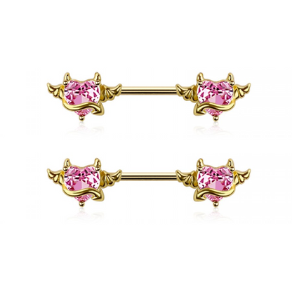 CZ Crystal Devil Heart Nipple Barbells - Pair - 316L Stainless Steel