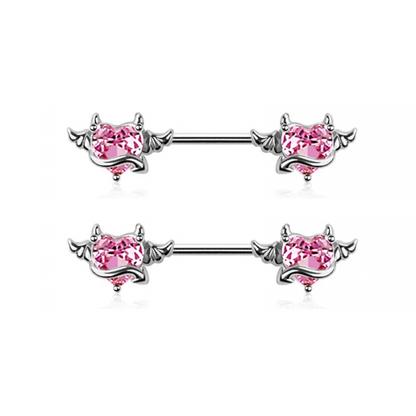 CZ Crystal Devil Heart Nipple Barbells - Pair - 316L Stainless Steel