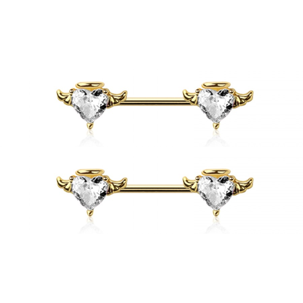 CZ Crystal Angel Heart Nipple Barbells - Pair - 316L Stainless Steel