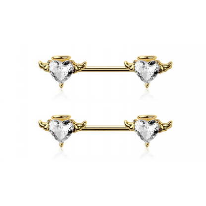 CZ Crystal Angel Heart Nipple Barbells - Pair - 316L Stainless Steel
