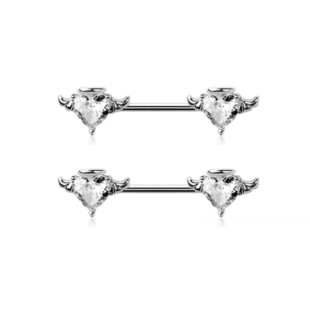 CZ Crystal Angel Heart Nipple Barbells - Pair - 316L Stainless Steel