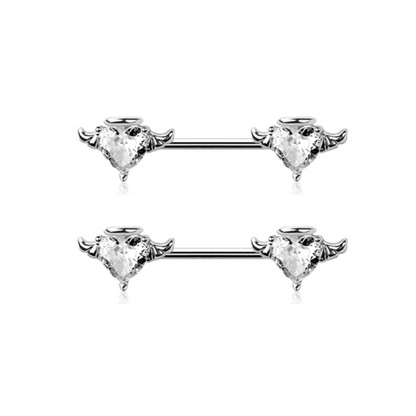 CZ Crystal Angel Heart Nipple Barbells - Pair - 316L Stainless Steel