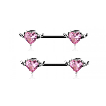 CZ Crystal Angel Heart Nipple Barbells - Pair - 316L Stainless Steel