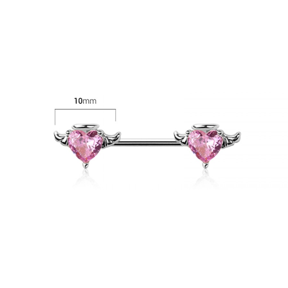 CZ Crystal Angel Heart Nipple Barbells - Pair - 316L Stainless Steel