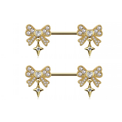 CZ Crystal Bows with Dangling Stars Nipple Barbells - Pair - 316L Stainless Steel