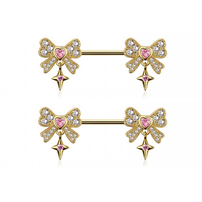 CZ Crystal Bows with Dangling Stars Nipple Barbells - Pair - 316L Stainless Steel