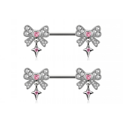 CZ Crystal Bows with Dangling Stars Nipple Barbells - Pair - 316L Stainless Steel