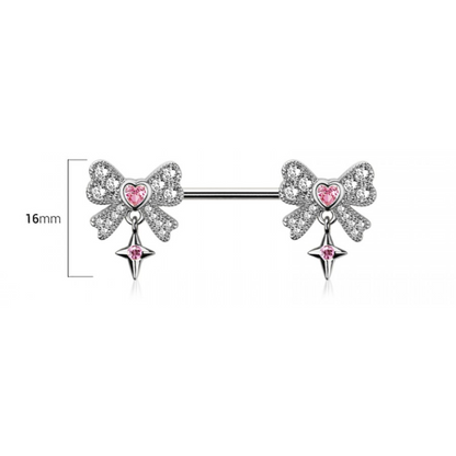 CZ Crystal Bows with Dangling Stars Nipple Barbells - Pair - 316L Stainless Steel