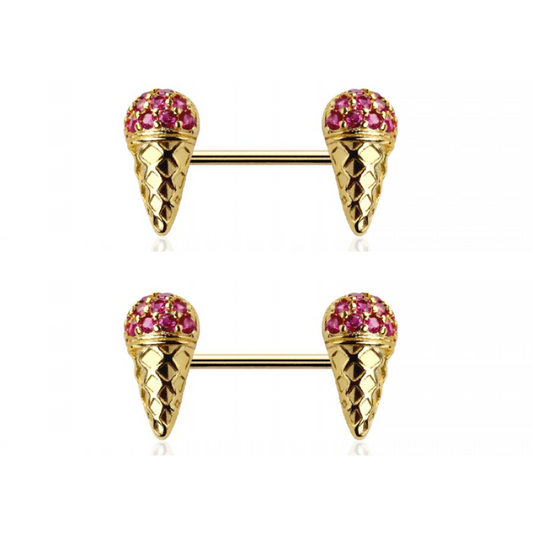 Pink CZ Crystal Ice Cream Cone Nipple Barbells - Pair - 316L Stainless Steel